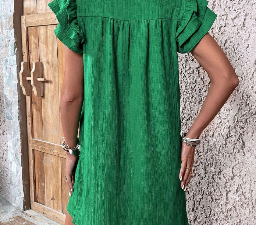 Ruffled Notched Cap Sleeve Mini Dress