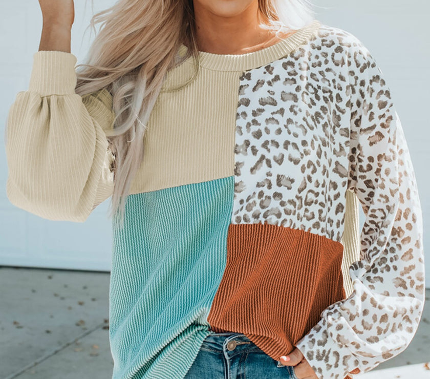 Color Block Leopard Round Neck Sweatshirt
