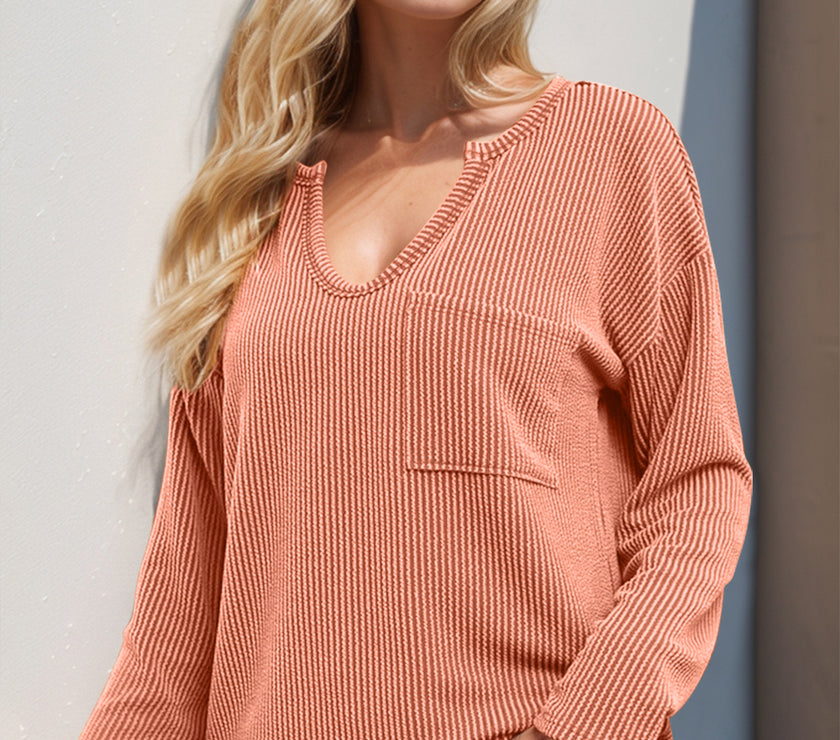Double Take Striped Notched Long Sleeve T-Shirt