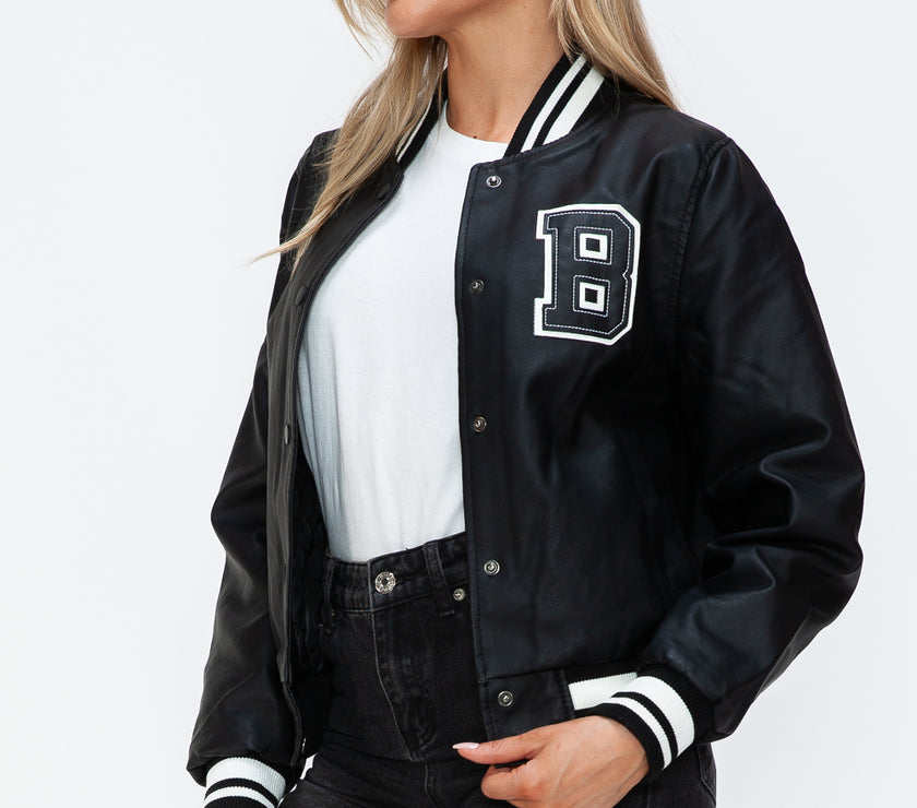Love Me Now PU Leather Contrast Snap Down Bomber Jacket