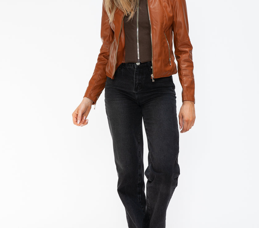 Snobbish Faux Leather Zip Up Drawstring Hooded Jacket