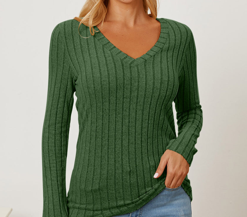 Basic Bae Full Size Ribbed V-Neck Long Sleeve T-Shirt