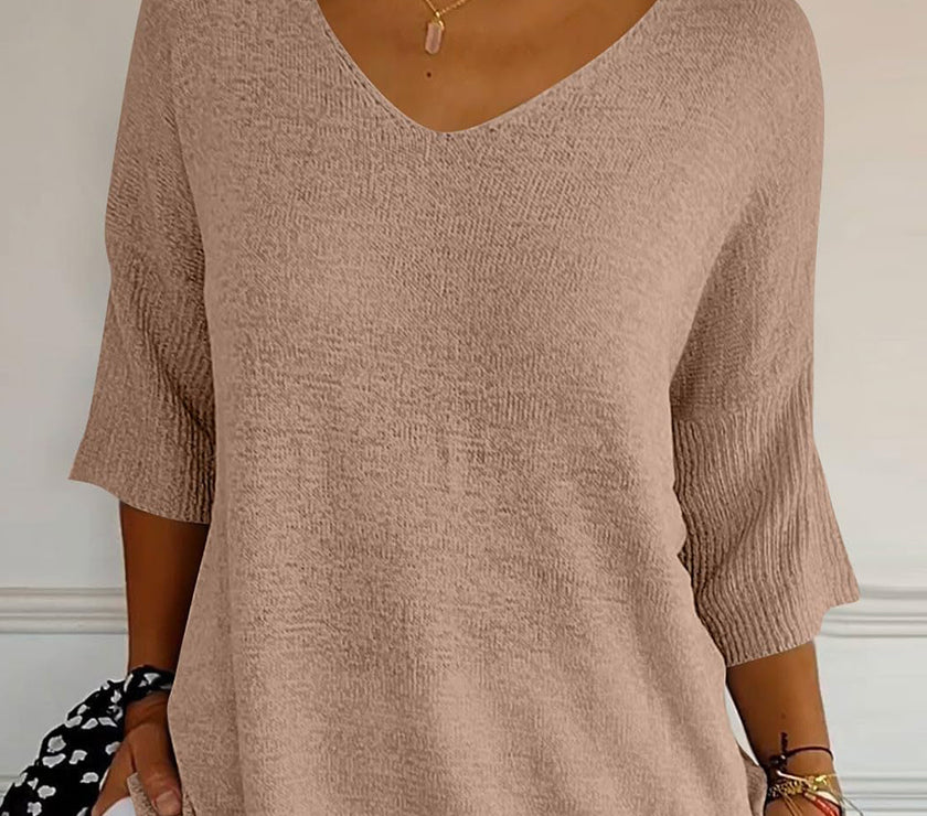 V-Neck Three-Quarter Sleeve Knit Top