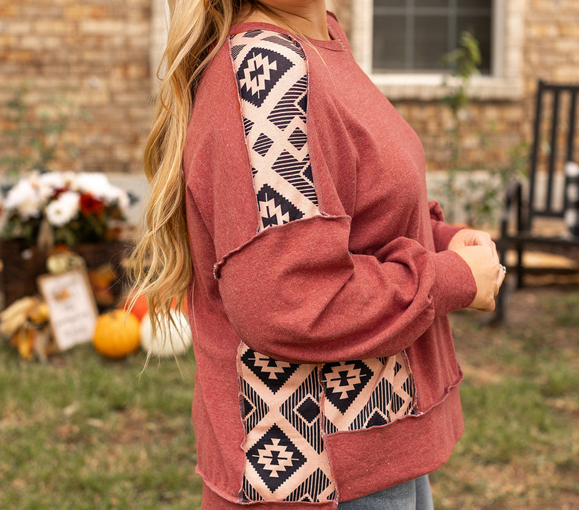 Redwood Burl Aztec Patchwork Drop Shoulder Plus Size High Low Sweatshirt