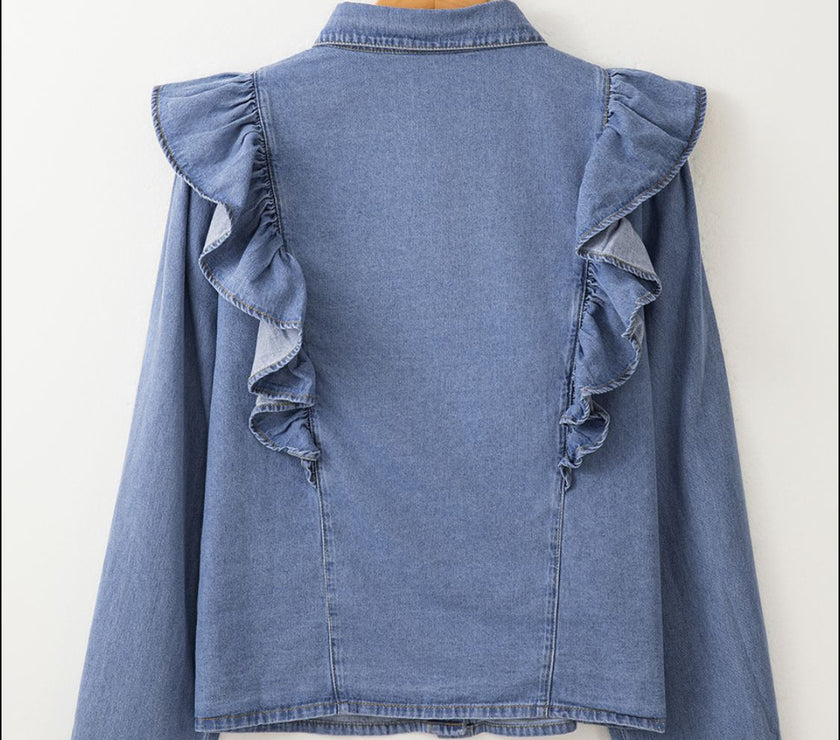 Ruffled Collared Neck Long Sleeve Denim Top