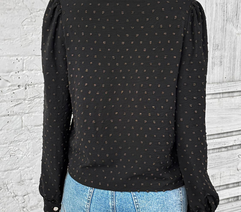 Swiss Dot Mock Neck Long Sleeve Blouse