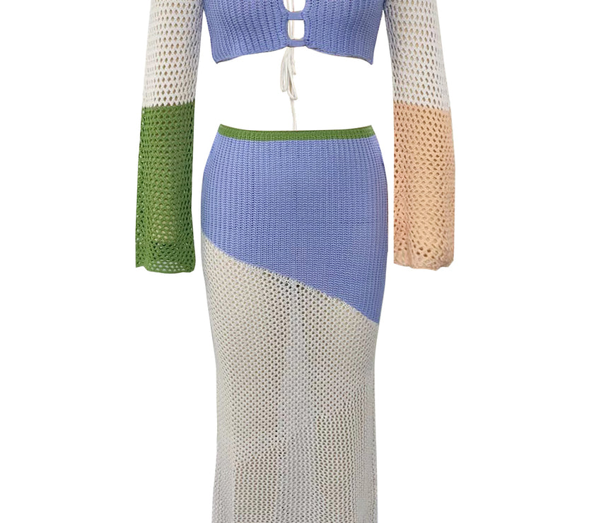 Tied Long Sleeve Top and Skirt Cover Up Set