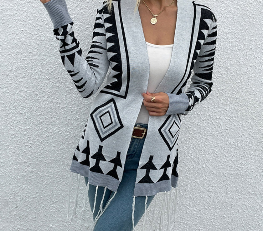 Shiny Geometric Fringe Hem Open Front Cardigan