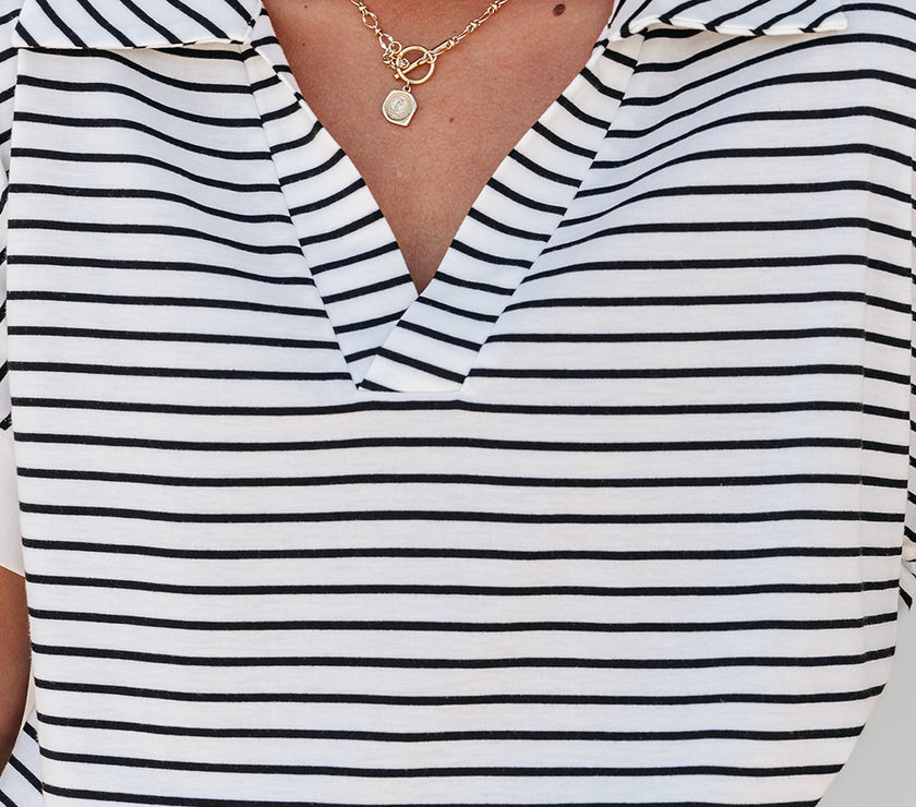 Black Stripe V Neck Tee and Casual Short Set