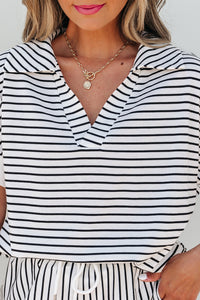 Black Stripe V Neck Tee and Casual Short Set