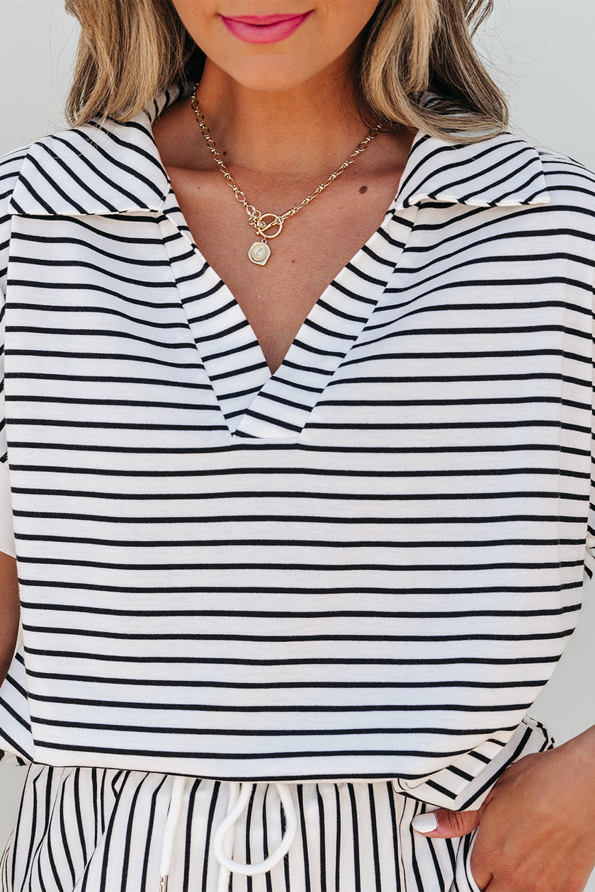 Black Stripe V Neck Tee and Casual Short Set