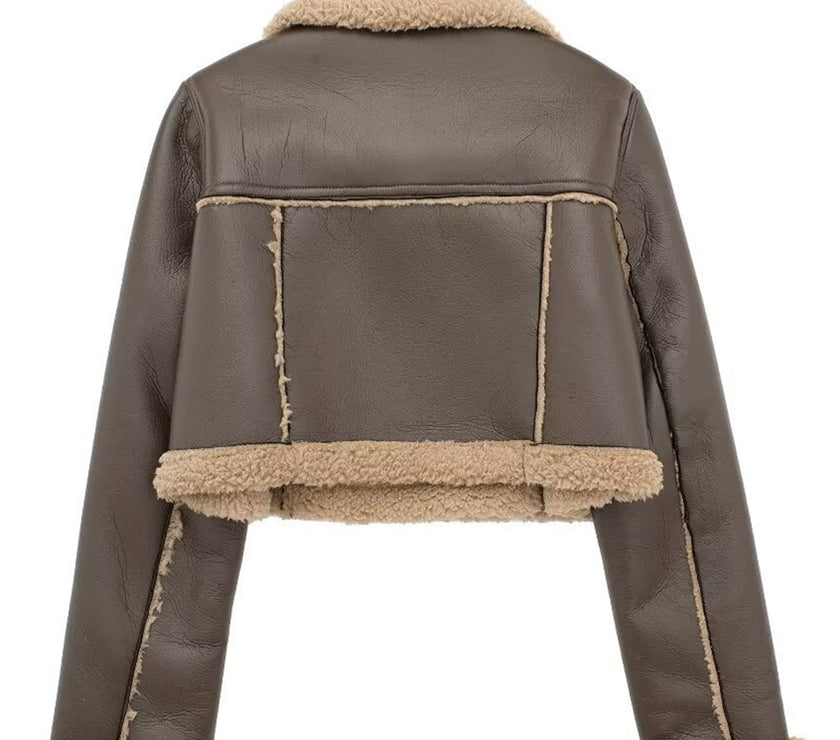 Collared Neck Long Sleeve Plush Cropped Jacket