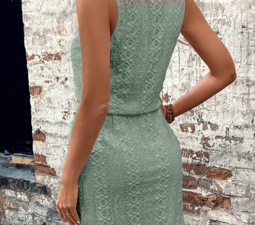 Eyelet Drawstring Round Neck Sleeveless Dress