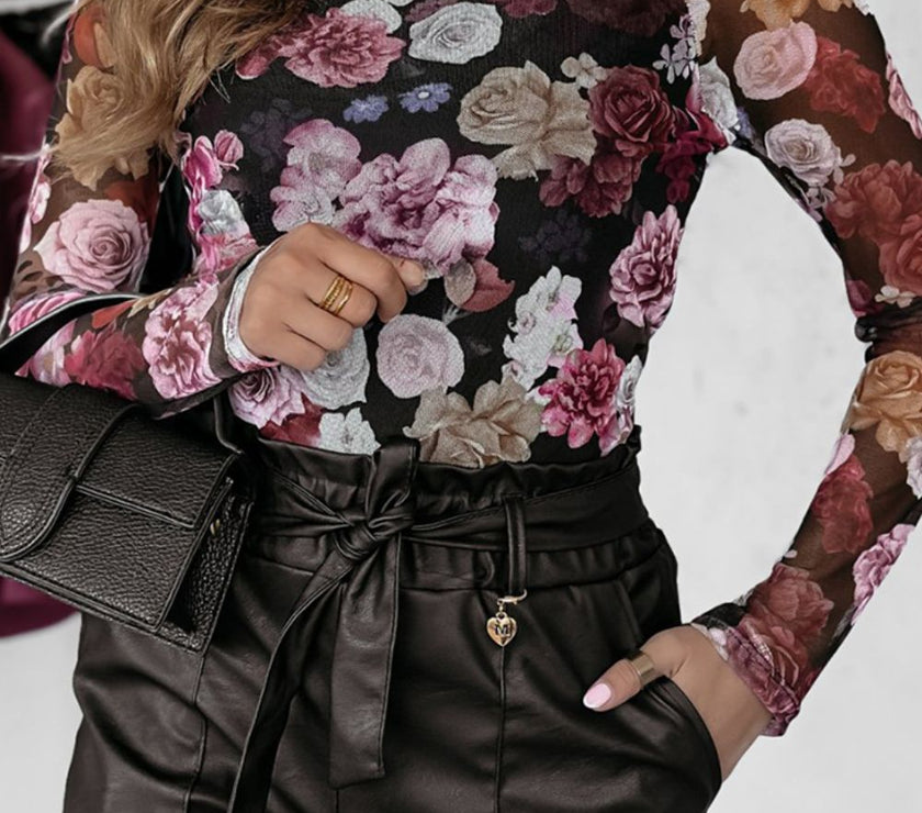 Floral Mock Neck Long Sleeve Mesh Top