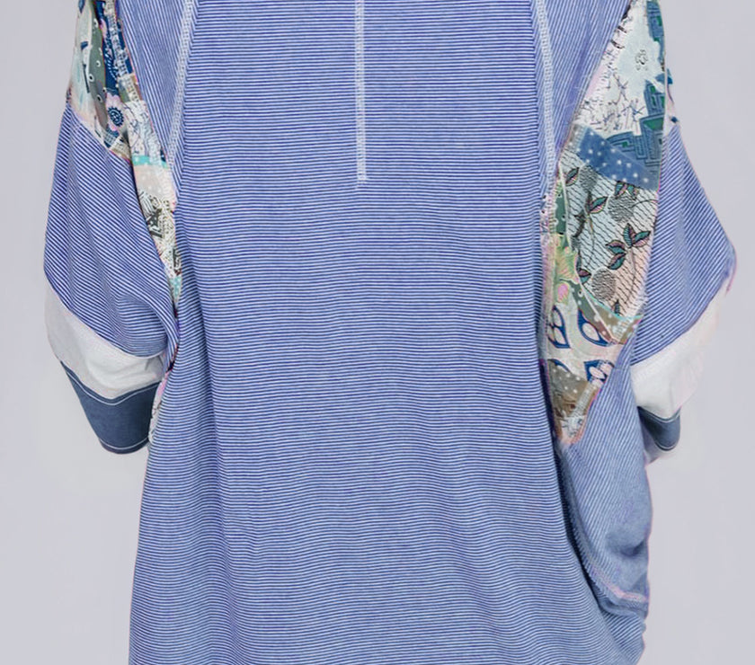 Striped Floral Patchwork Round Neck Top