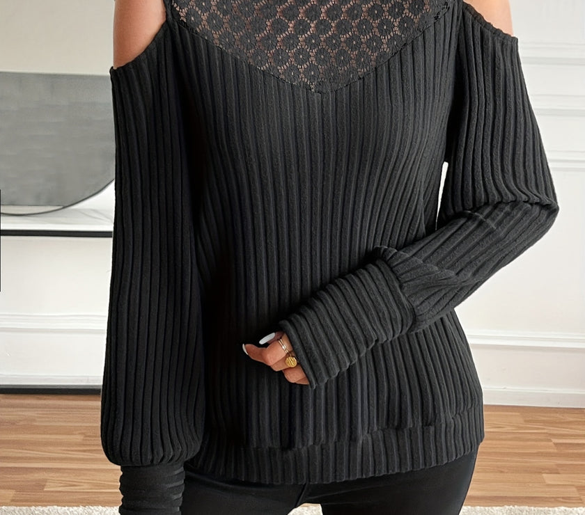 Lace Detail Mock Neck Cold Shoulder T-Shirt