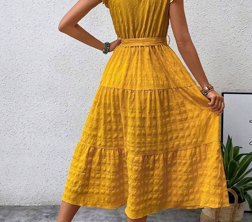 Tied Ruffled Cap Sleeve Midi Dress