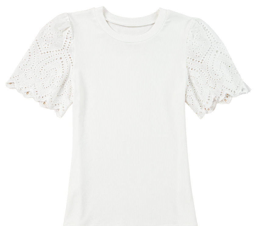 White Eyelet Pattern Short Sleeve Patchwork Ribbed Top