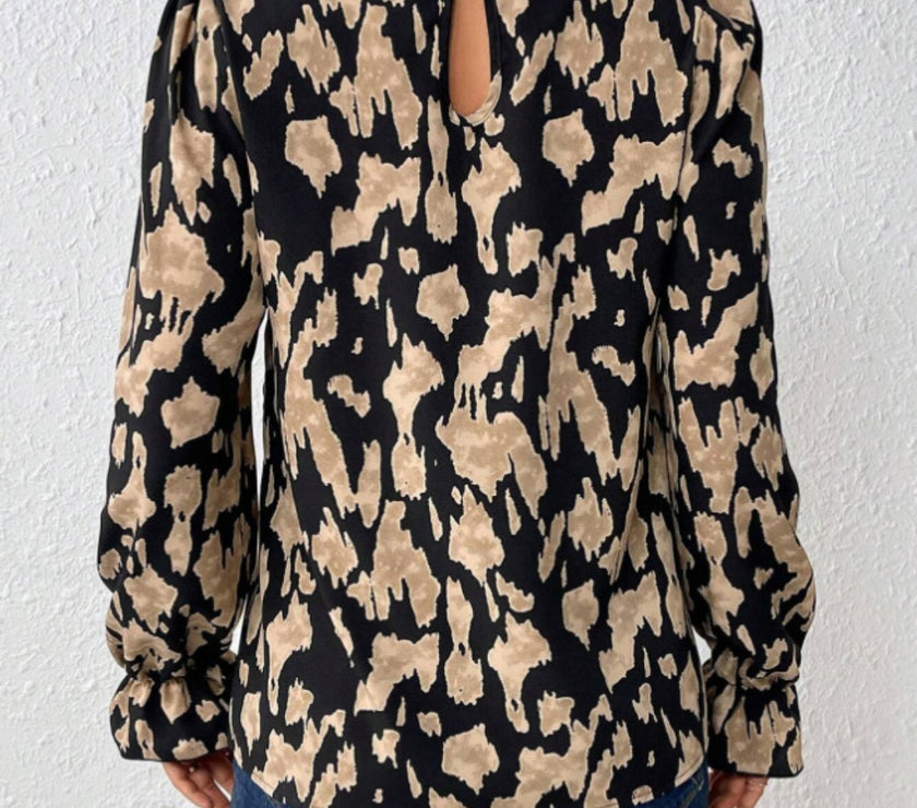 Frill Leopard Mock Neck Flounce Sleeve Blouse