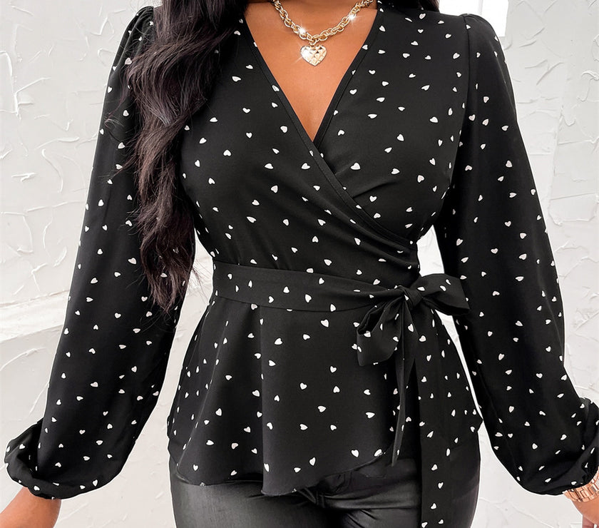 Heart Print Surplice Balloon Sleeve Blouse