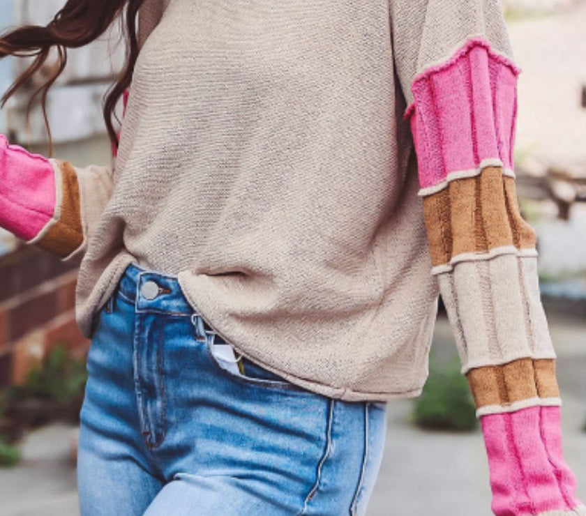 Color Block Round Neck Long Sleeve  Sweater