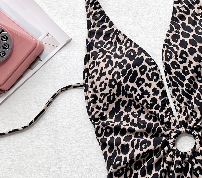 Leopard Halter Neck Ring Detail One-Piece Swimsuit