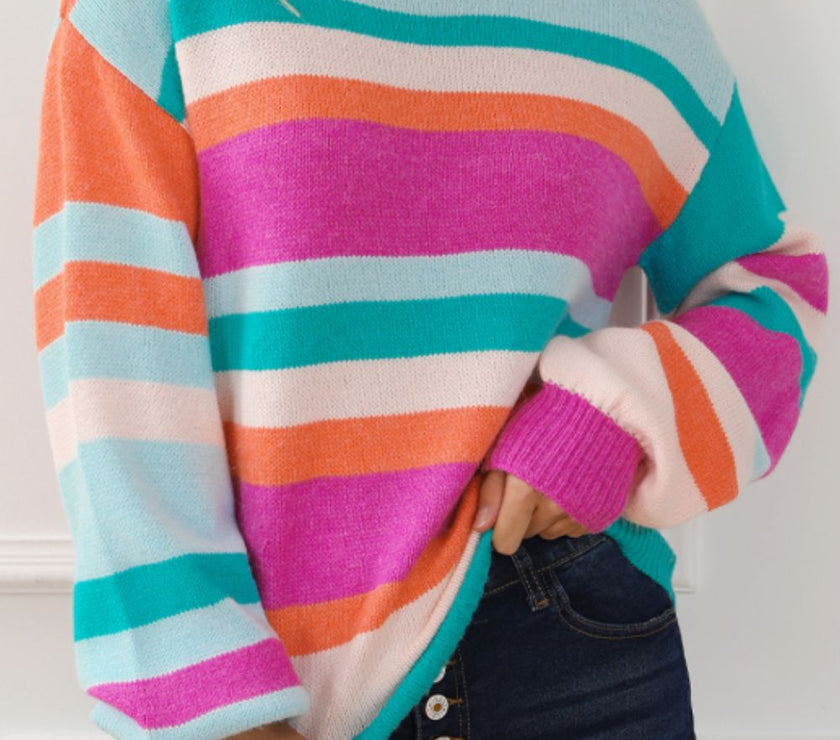 Striped Round Neck Drop Shoulder Sweater