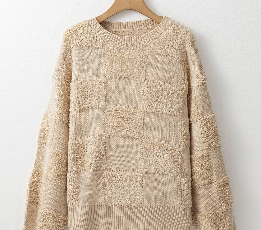 Checkered Round Neck Dropped Shoulder Sweater