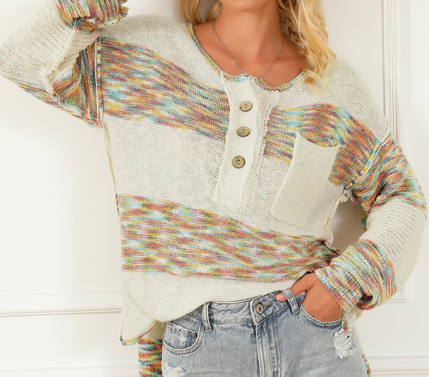 Contrast Half Button Long Sleeve Sweater