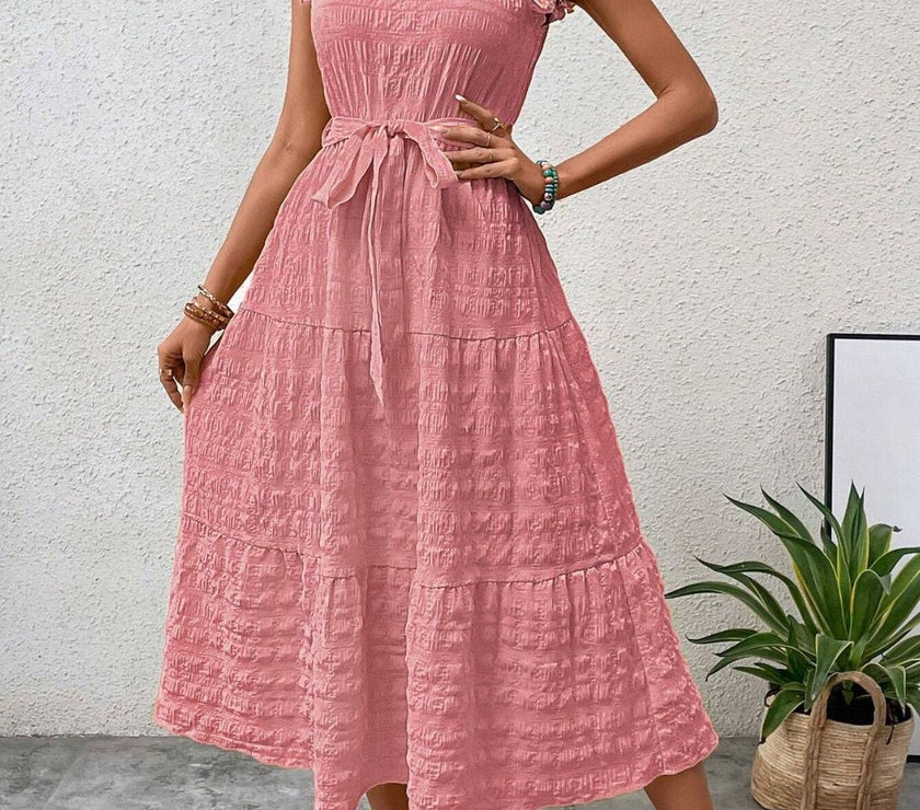 Tied Ruffled Cap Sleeve Midi Dress