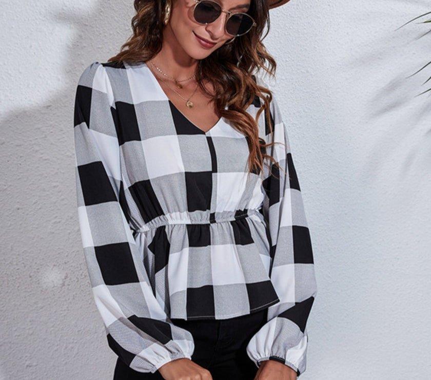 Ruched Printed V-Neck Long Sleeve Blouse