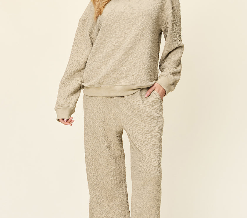 Double Take Full Size Texture Long Sleeve Top and Pants Set