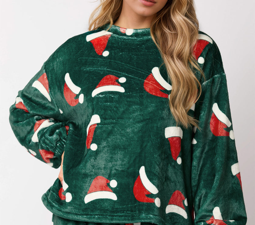 Christmas Hat Pattern Round Neck Long Sleeve Top and Pants Set
