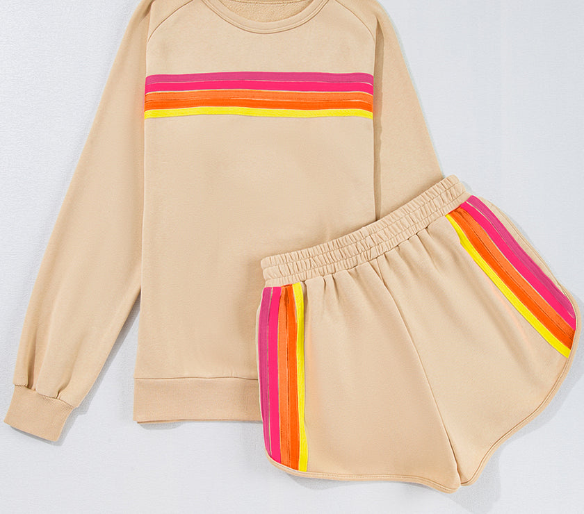 Apricot Striped Accent Pullover and Shorts Two Piece Casual Set