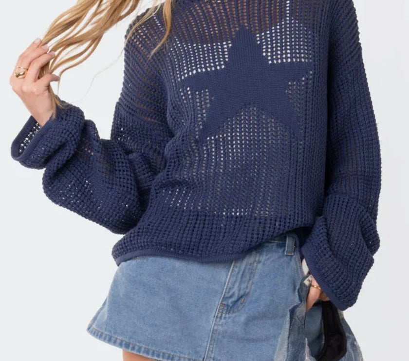 Star Round Neck Long Sleeve Knit Top