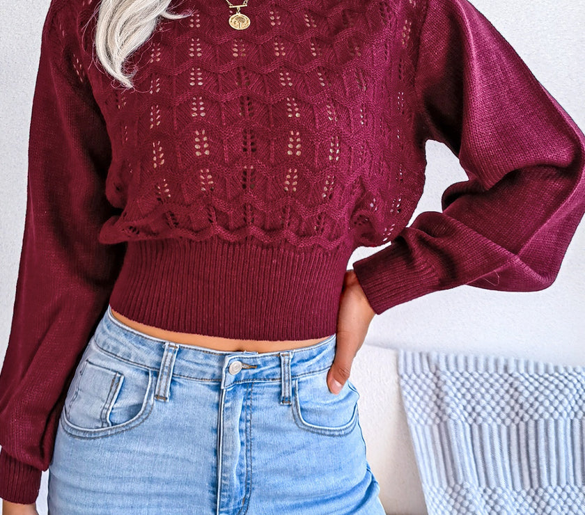Openwork Mock Neck Long Sleeve Cropped Sweater