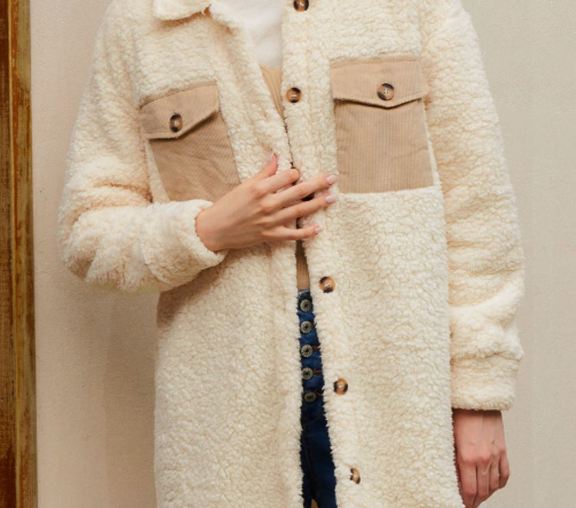 Collared Neck Long Sleeve Longline Teddy Jacket