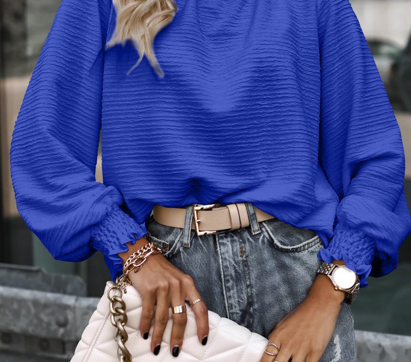 Smocked Frill Mock Neck Long Sleeve Blouse