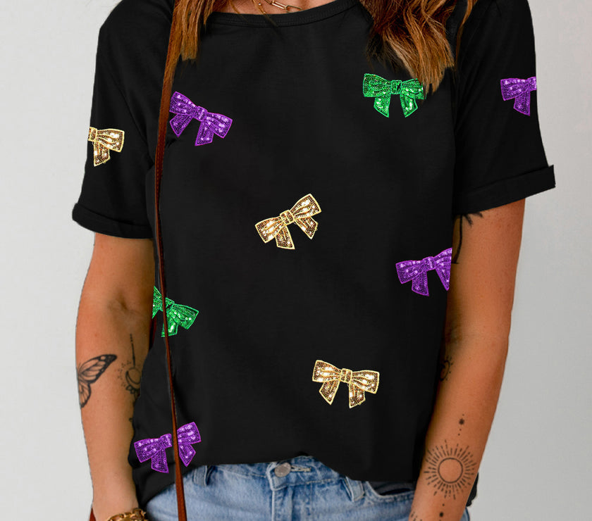 Bow Print Sequin Round Neck Short Sleeve T-Shirt