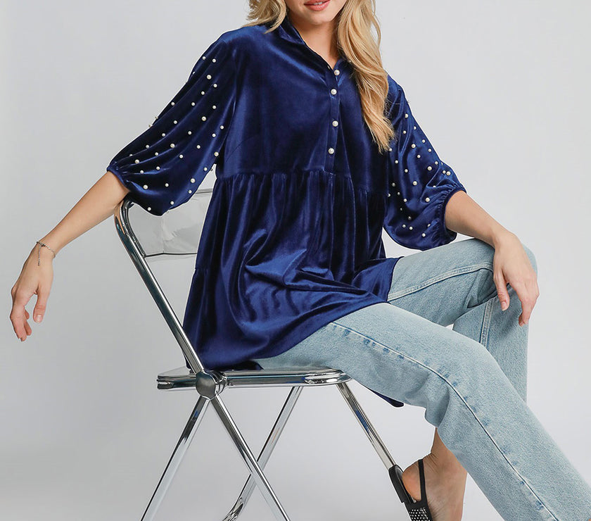 Umgee Pearl Detail Collared Neck Velvet Babydoll Blouse