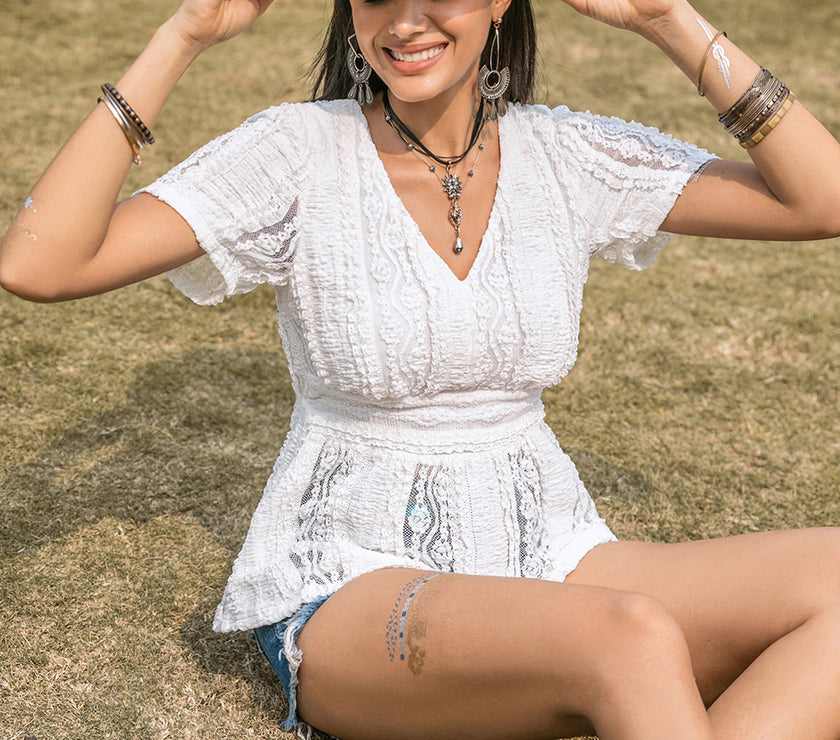 Lace V-Neck Short Sleeve Top