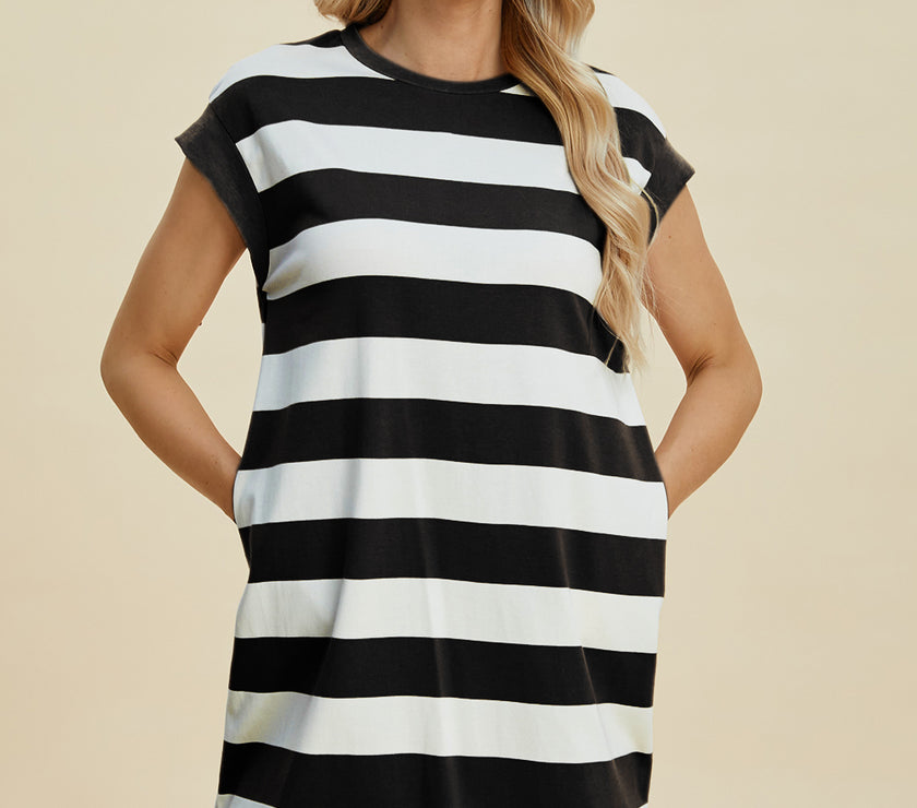 Basic Bae Full Size Striped Round Neck Cap Sleeve Mini Dress