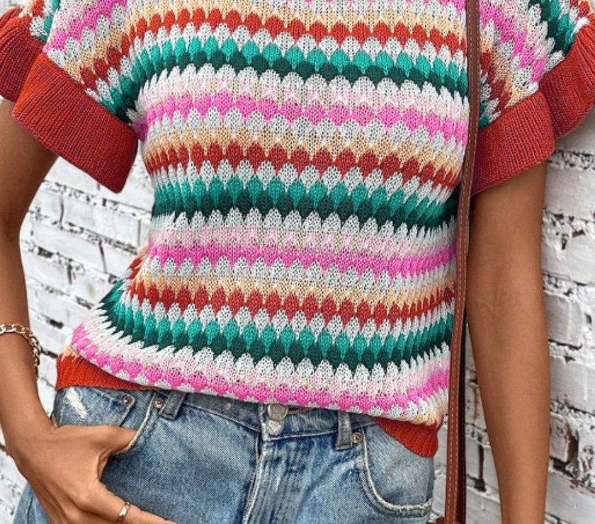 Contrast Round Neck Short Sleeve Sweater