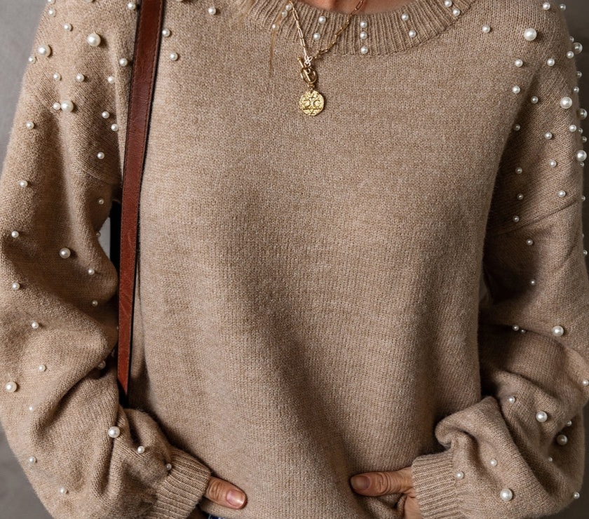 Pearl Detail Round Neck Long Sleeve Sweater