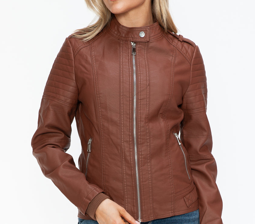 Snobbish PU Leather Biker Jacket with Side Zip Pockets