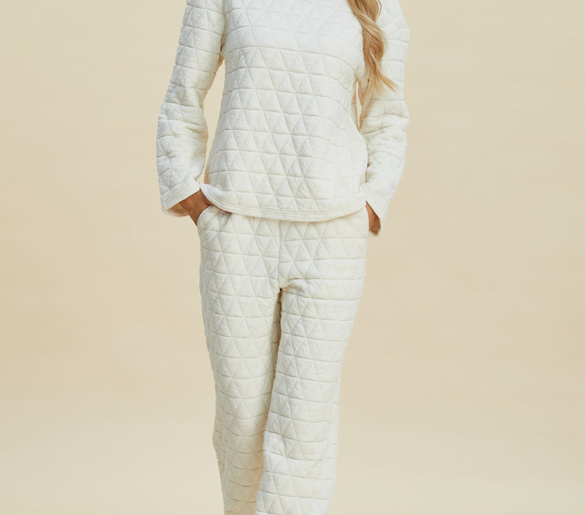 Double Take Full Size Texture Round Neck Long Sleeve Top and Pants Set