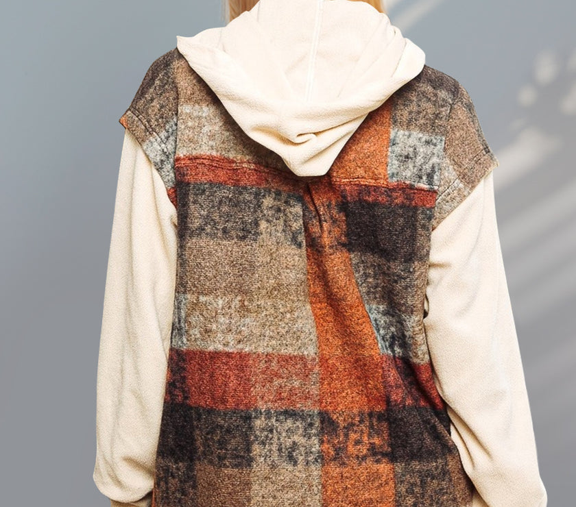 Double Take Contrast Long Sleeve Hooded Plaid Jacket