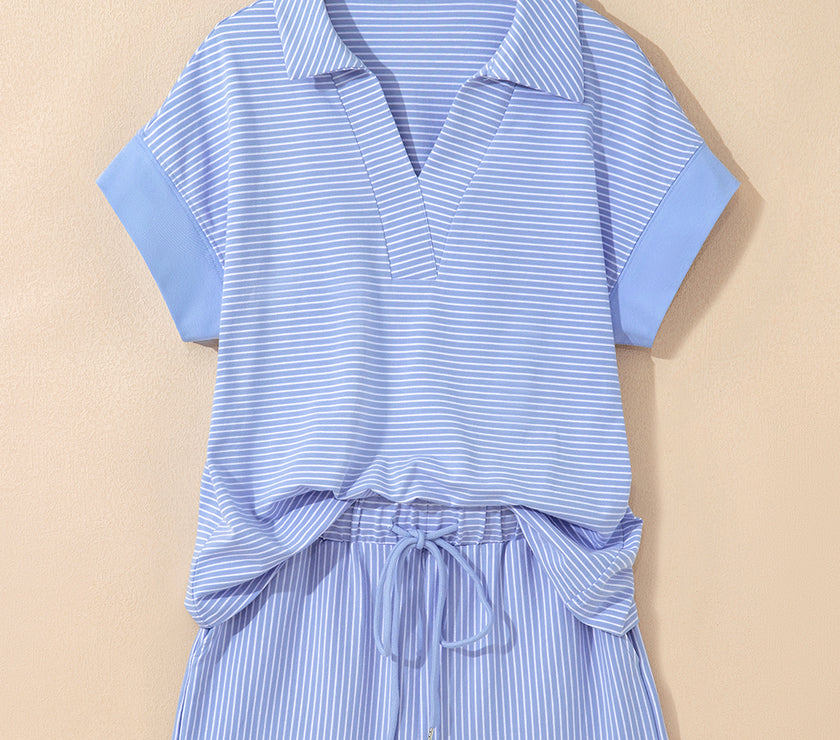 Sky Blue Stripe Dolman Sleeve Polo Shirt and Drawstring Shorts Set