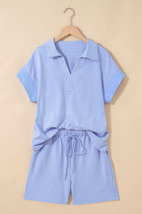 Sky Blue Stripe Dolman Sleeve Polo Shirt and Drawstring Shorts Set