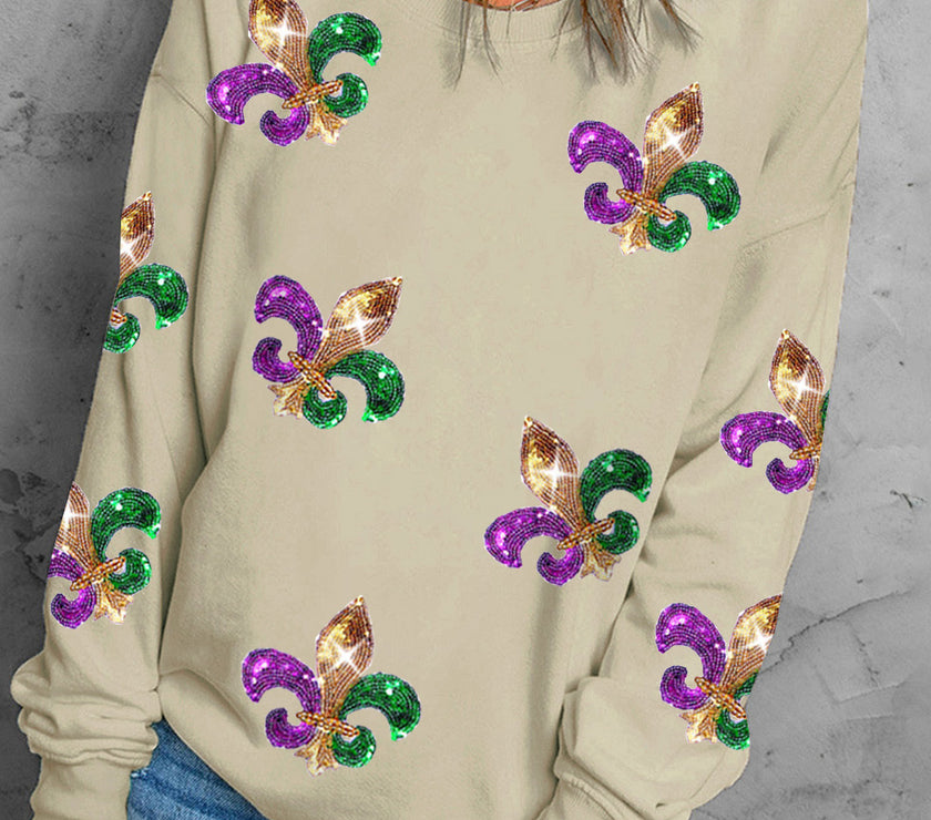 Khaki Sequin Mardi Gras Graphic Pullover Sweatshirt